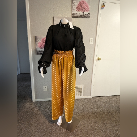 Polka dot print Shirred pants,stand Collar Flounce long sleeve shirt, dress - Picture 5 of 7